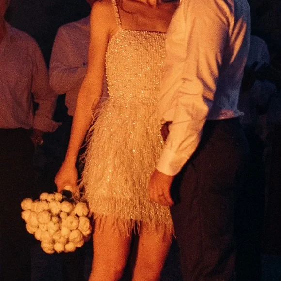 NADINE MERABI White Carrie Feather-Trim Mini Dress - Picture 2 of 5